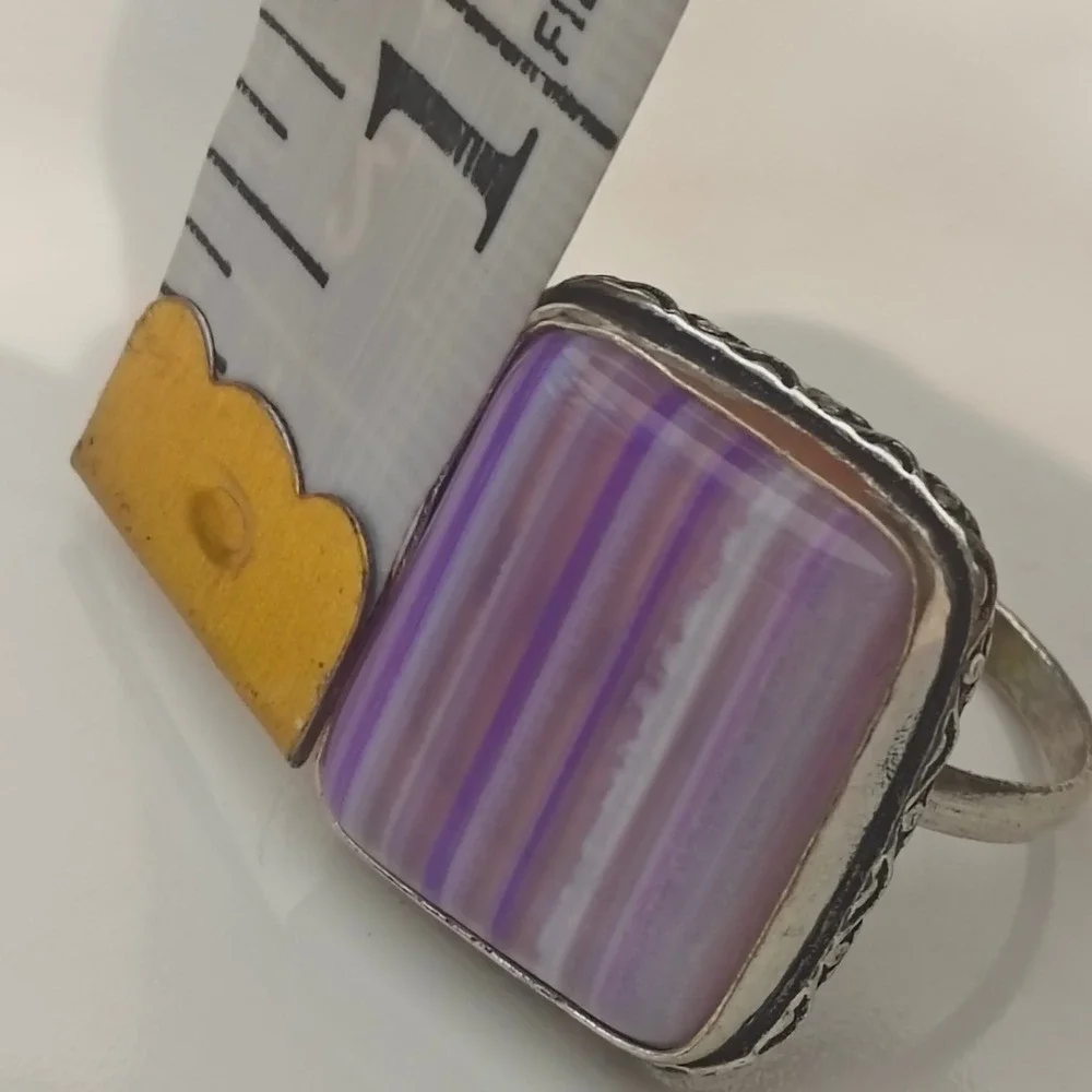 Sterling Silver 925 Purple Banded  Lace Agate Square Statement Ring Size 10.5